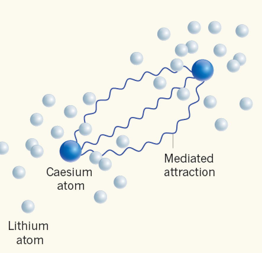 [Translate to English:] Figur: Fysikerne observerede en tiltrækkende vekselvirkning mellem Cs-atomer, der blev overført af en omgivende gas af Li-atomer.