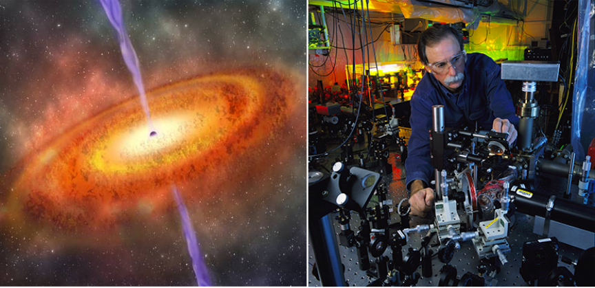 Left: Artistic depiction of a quasar, Right: 2012 Nobel Prize laureate David Wineland adjusting a laser setup for high precision spectroscopy. (sources - left: Article “Quasar stellt neuen Entfernungsrekord auf” on “Welt der Physik” (2017), right: Article