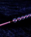 [Translate to English:] Illustration of a nanoscale optical fibre in which photons are coupled to mesoscopic atomic ensembles that each act as a giant superatom. Copyright Humboldt Universität zu Berlin.