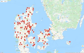 Kort over Danmark, showing  live streaming to more than 120 public locations in Denmark