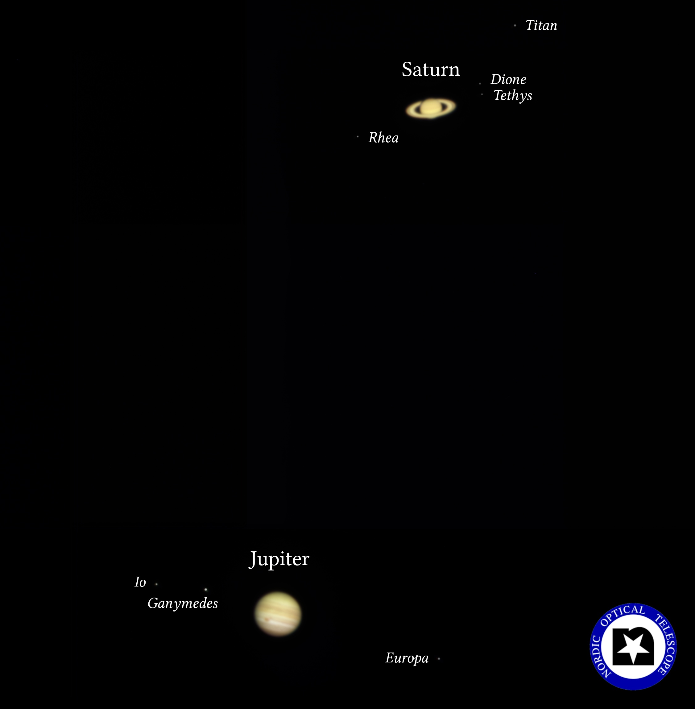 [Translate to English:] Jupiter-Saturn konjunktion med NOT. Tekstet. Foto: NOT, NJ, EK.