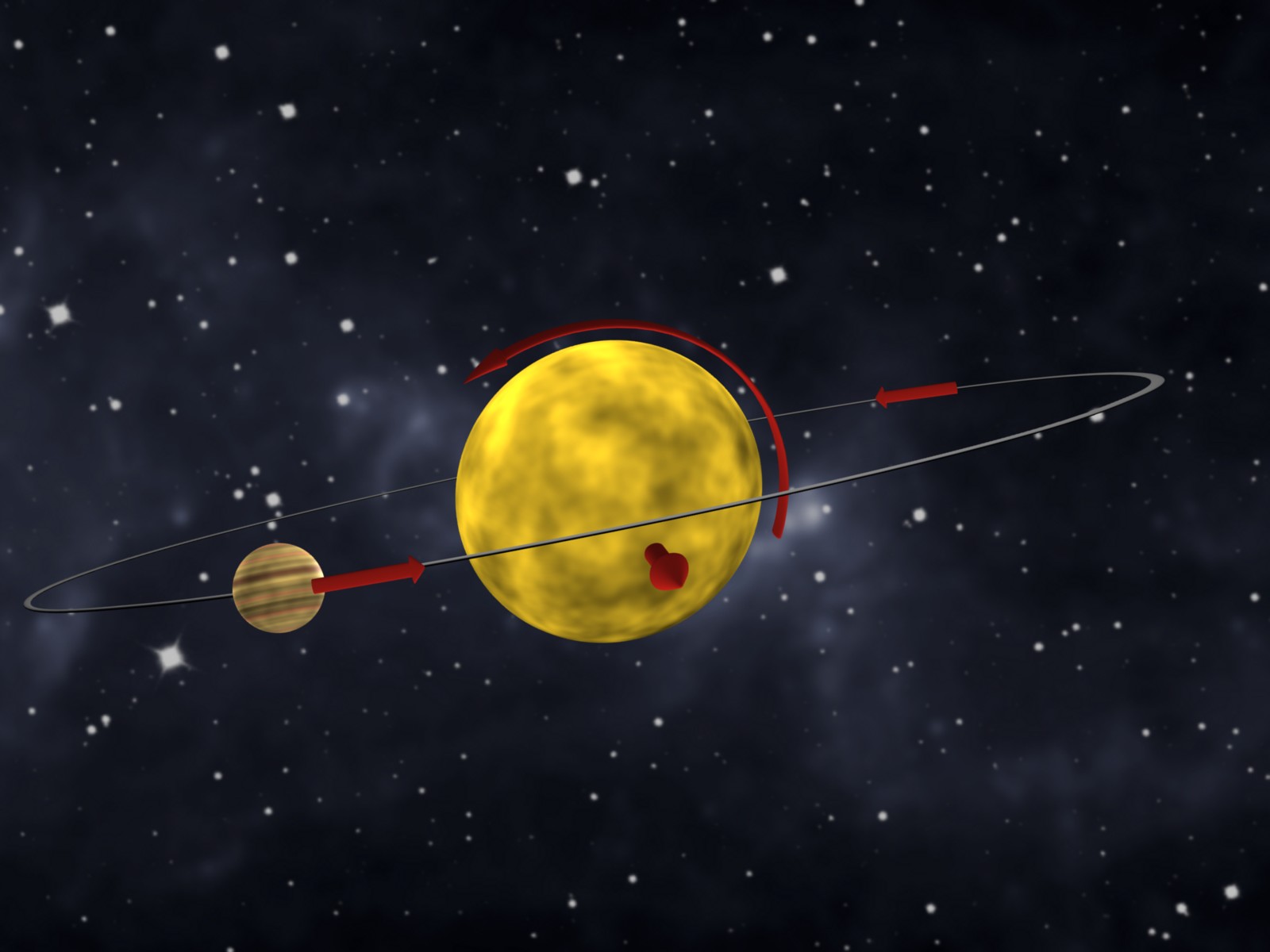 [Translate to English:] En jupiterlignende exoplanet kredser vinkelret på dens stjernes omdrejning, så planeten skiftevis passerer over stjernens nordpol og sydpol. Illustration: MM.