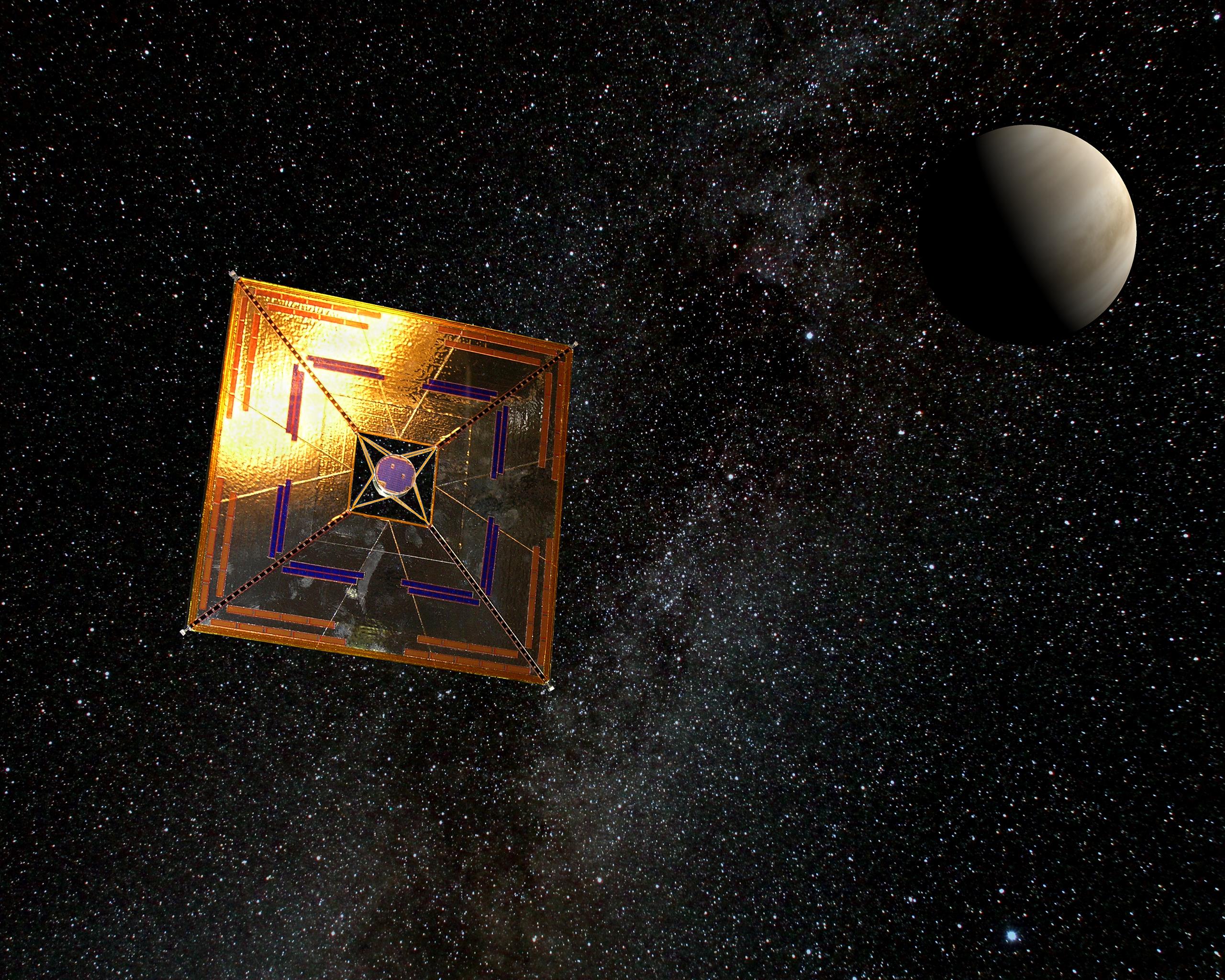 [Translate to English:] En kunstners illustration af IKAROS rumsonden. IKAROS er en rumsonde, der anvender et solsejl som drivkraft i rummet, fremfor de konventionelle brændstofs raketter.