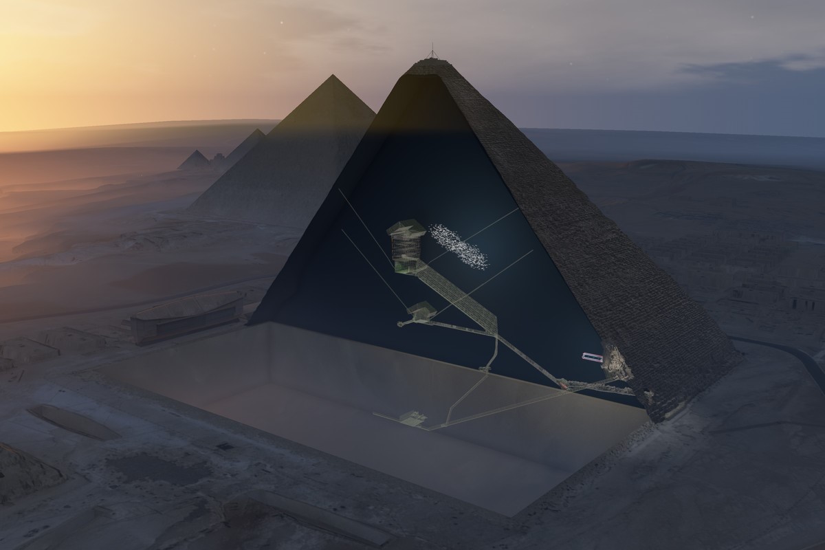 [Translate to English:] 3D schematic view of the Great Pyramid of Giza, showing the position of the void.