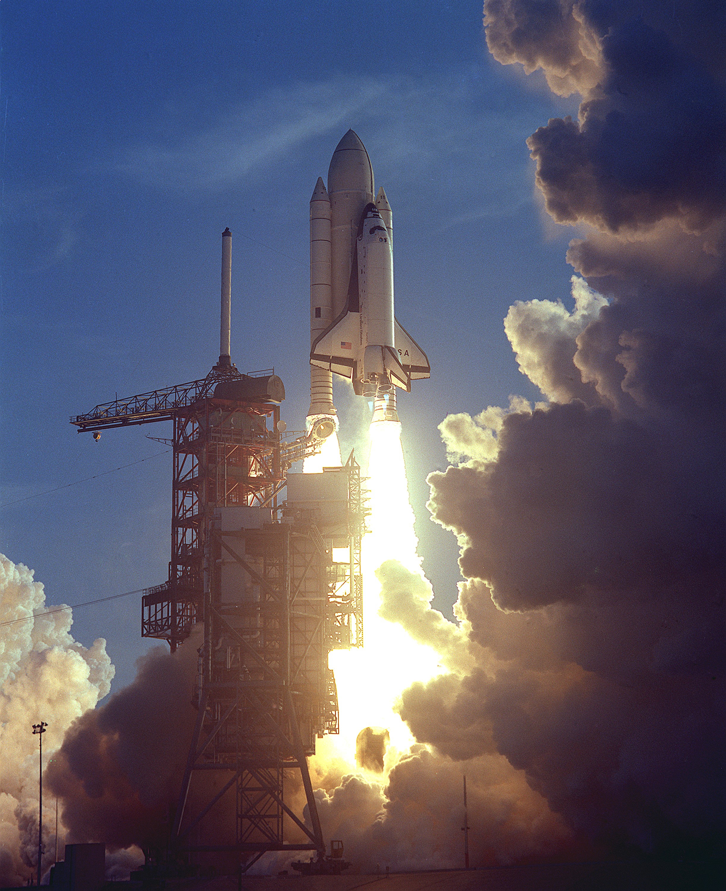 The first launch of Space Shuttle Columbia on STS-1.