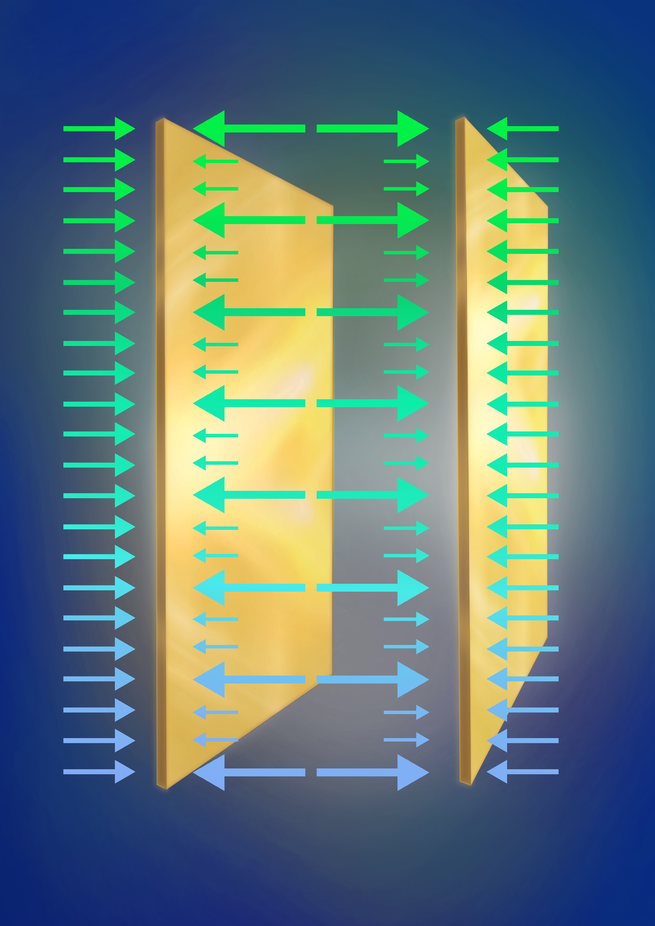 [Translate to English:] The setup of the Casimir effect. The plates experience a force due to a difference in vacuum energy density inside and outside the cavity.