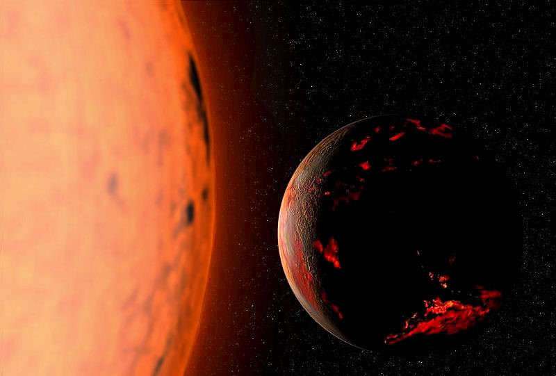 [Translate to English:] Artist’s impression of the Earth scorched as the Sun becomes a red giant. Credit: Wikimedia Commons/Fsgregs.