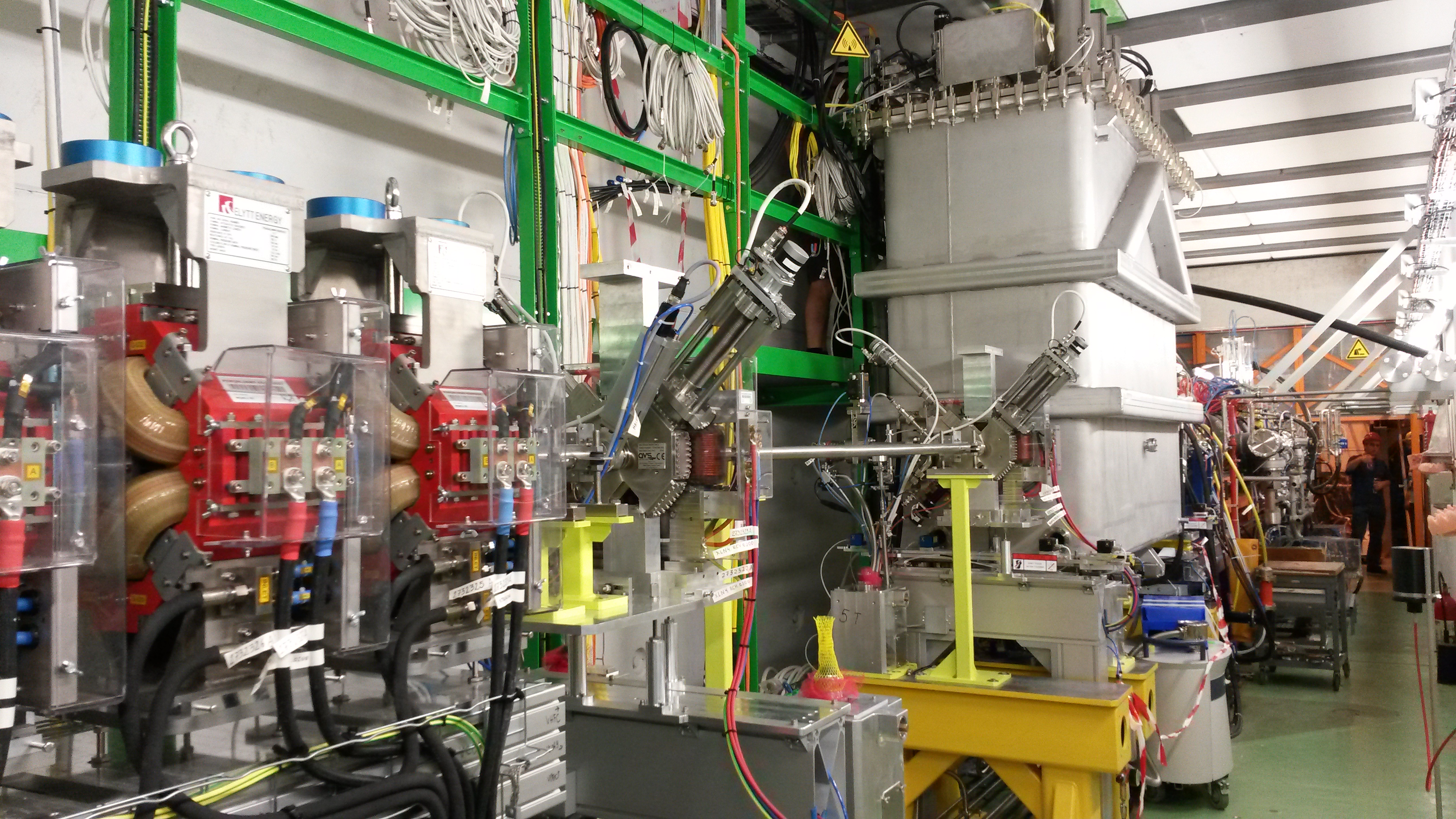 The ISOLDE beamline that supplies the Miniball array. The first HIE-ISOLDE cryomodule can be seen in the background, in its light-grey cryostat.