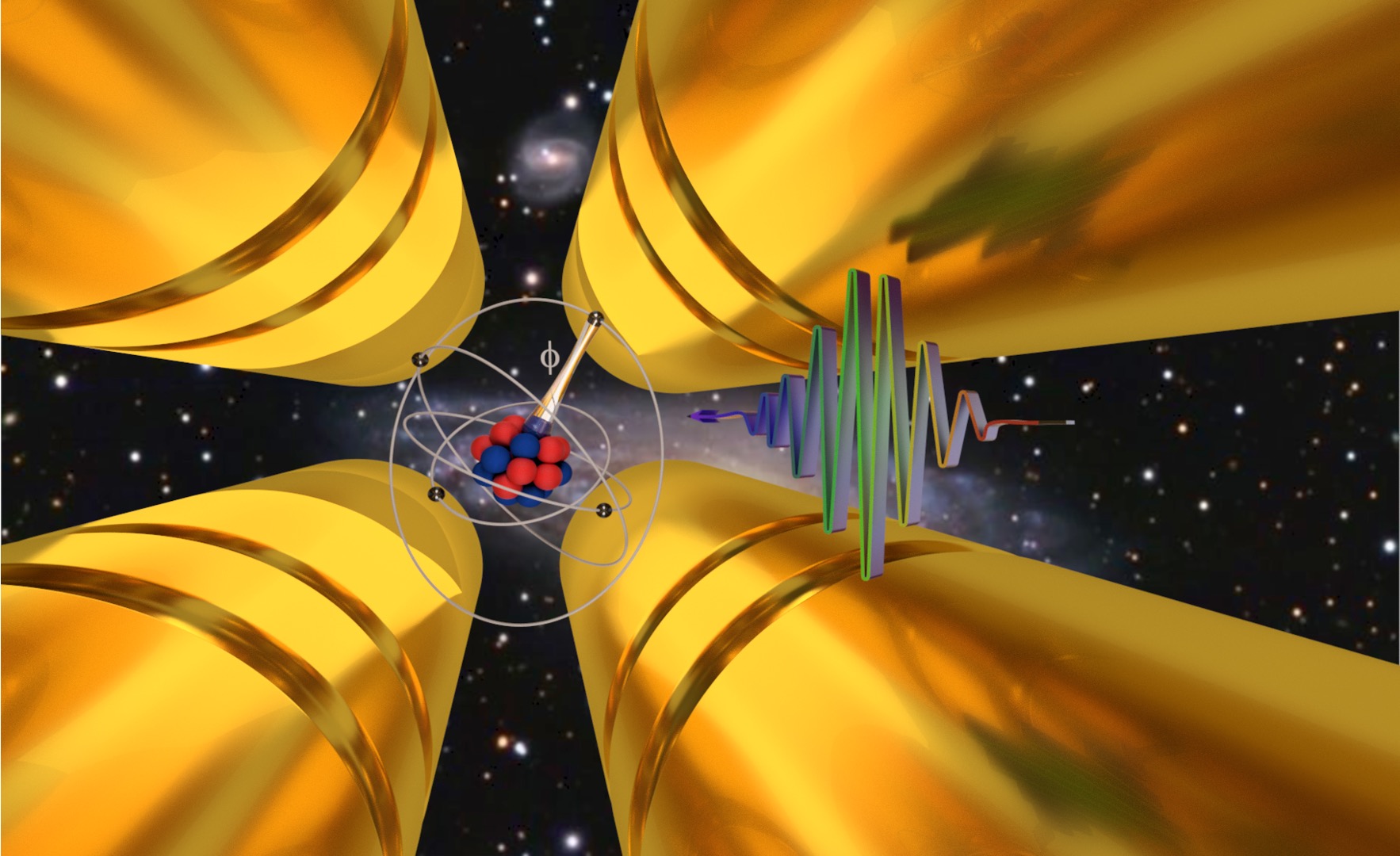 The isotopic shif caused by a nearby "exotic" particle - symbolized by the greek letter phi. Illustration: John Andersen/IFA