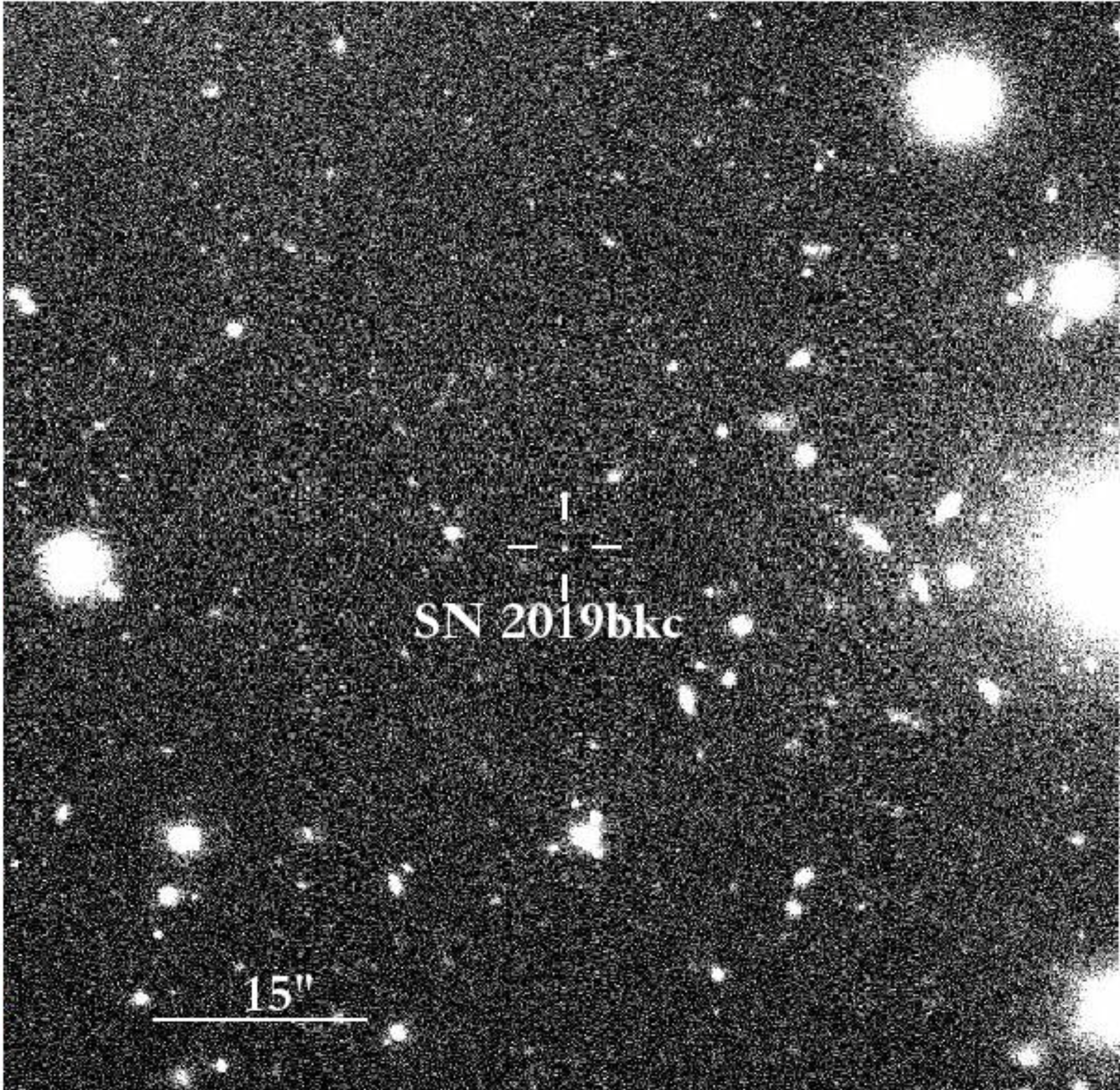 [Translate to English:] Supernova SN 2019bkc fanget med NOT teleskopet på La Palma. Foto fra artiklen.