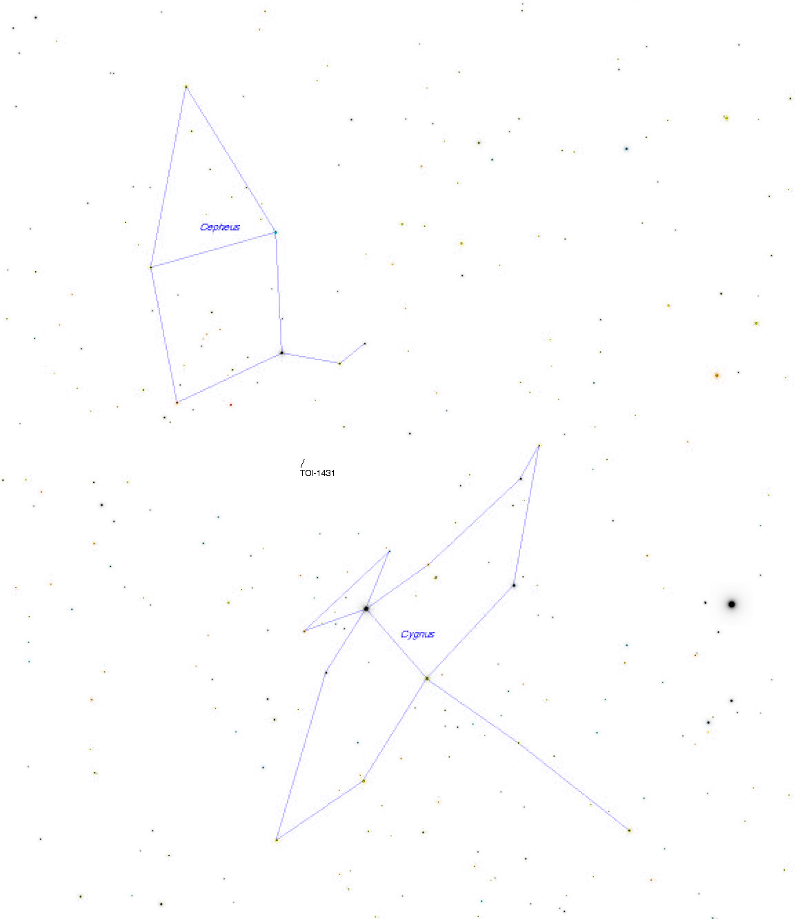 TOI-1431 is positioned halfway between the constellations of Cepheus and Cygnus. Map: Voyager/OJK